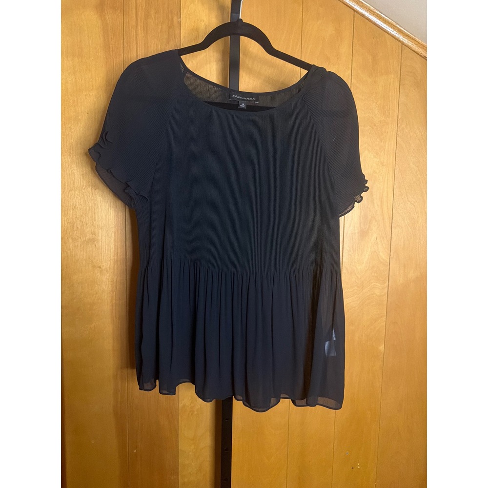 Banana Republic Black Pleated Chiffon Peplum Blouse Short Sleeve Top Medium